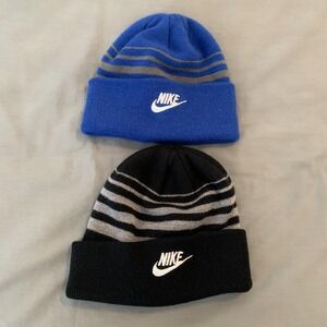 Nike Beanie Lot 2 Youth One Size Blue Black Stripe Knit Cuffed Logo Winter Hats